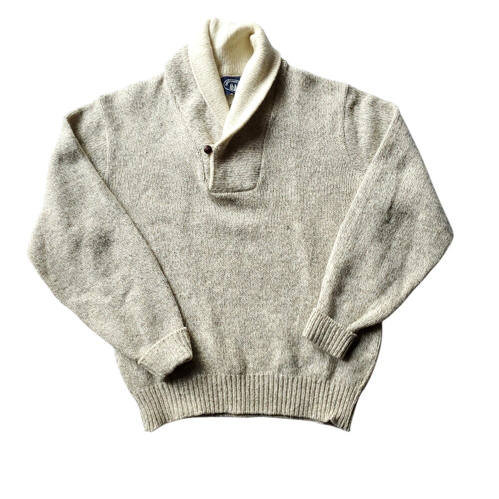 Vintage Grandpa Sweater Wool Blend Shawl Collar Pullover Oatmeal Marled Loop XL